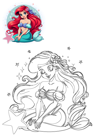 Smiling Little Mermaid Ariel cartoon illustration with vibrant red hair, a blue bow, seashell top, and a starfish.