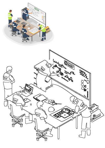 Construction team planning project together. Engineers and workers collaborate in a meeting, reviewing blueprints and discussing tasks.