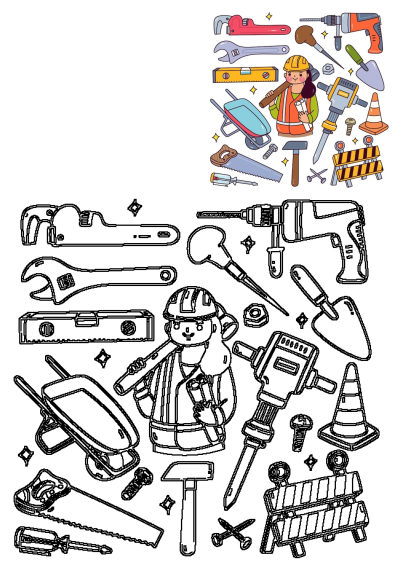 Cartoon illustration of a cheerful female construction worker in a hard hat and vest, surrounded by various building tools and equipment.