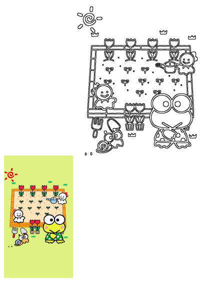 Kerokerokeroppi, a green frog cartoon character, enjoys a sunny garden with tulip flowers, sprouts, a watering can, and friends.