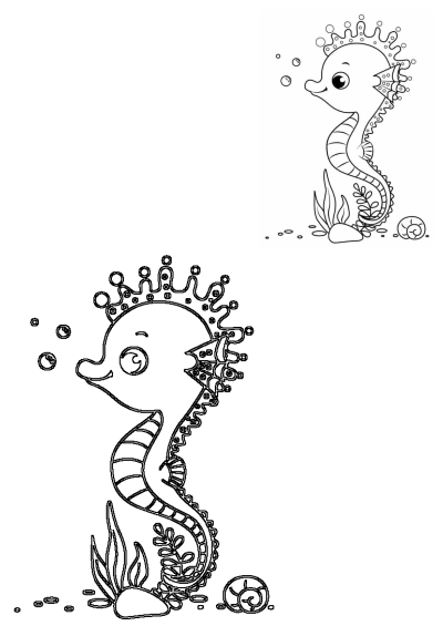 Two cute cartoon seahorse outlines with ocean elements like seaweed, shells, and bubbles, perfect for kids to color.