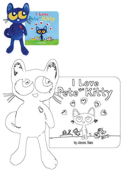 Pete the Kitty book and plush toy, featuring the blue cat with yellow eyes and its book cover, plus a line art activity page.