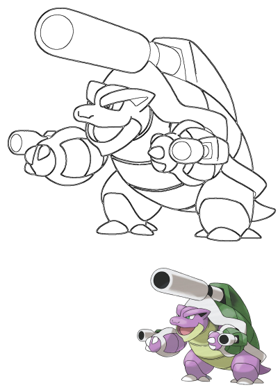 A unique fan art of a Blastoise Pokemon, featuring a purple body, green shell, and powerful cannons, presented in both outline and full color.