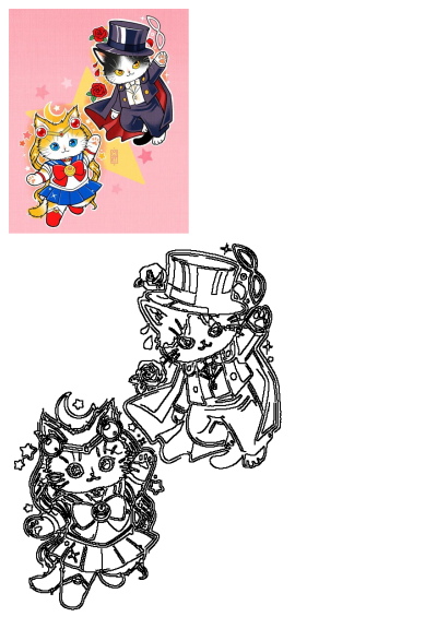 Cute cats cosplaying as Sailor Moon (golden cat) and Tuxedo Mask (black cat) in detailed costumes against a pink star background.