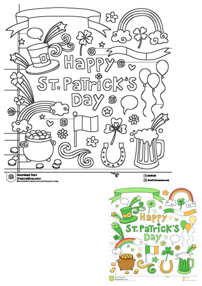 St. Patrick's Day greeting card design with 'Happy St. Patrick's Day' text, shamrocks, balloons, leprechaun hat, pot of gold, and rainbow.