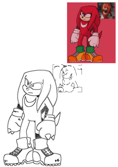 Knuckles the Echidna Sonic The Hedgehog fanart. Includes a bold outline drawing and a colored version with orange and green boots.