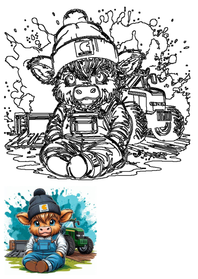 Adorable Cricut cow in blue overalls, black beanie, and big blue eyes, sitting by a green tractor. Perfect farm character design.