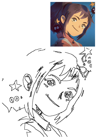 Spirited Away Chihiro character illustration depicting her smiling with dark hair, stars, and cute soot sprites (Susuwatari).