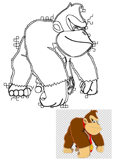 Outline drawing of the iconic cartoon gorilla, Donkey Kong, featuring his signature red tie with the DK logo.