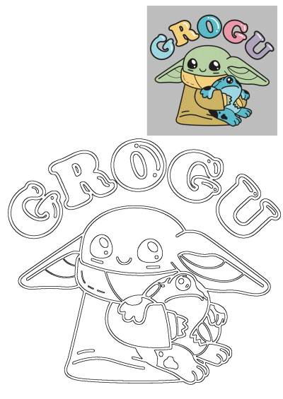 Cute Grogu (Baby Yoda) holding a blue stuffed frog, also known as a croc. Features a vibrant cartoon and a black outline drawing.