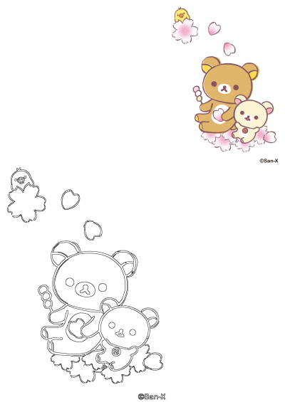 Rilakkuma, Korilakkuma, and Kiiroitori enjoy cherry blossoms. This charming scene includes a full-color art and a line art version.