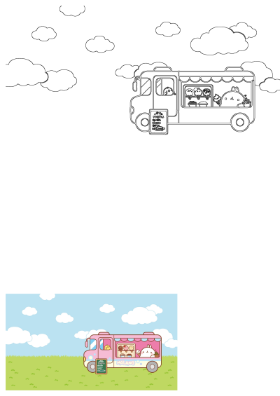 Molang and Piu Piu sell ice cream from a pink food truck in this cute illustration, presented in both colored and outline versions.