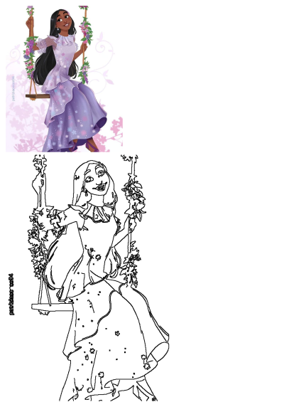 Princess Tiana smiles on a flower swing, wearing a beautiful purple dress with floral details. Both a vibrant illustration and its outline are shown.