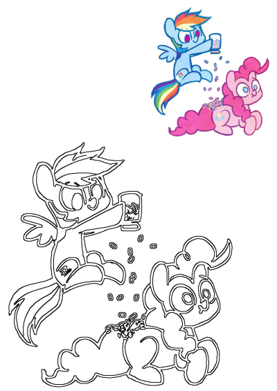 My Little Pony's Rainbow Dash and Pinkie Pie play with sprinkles; includes both a colored cartoon and a black and white outline.