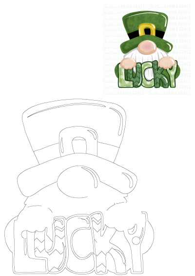 Festive St. Patrick's Day leprechaun gnome, wearing a green hat with a gold buckle, holding the word 'LUCKY'. Ideal for holiday crafts.
