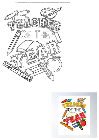 Teacher of the Year award poster design featuring school supplies: pencils, book, apple, ruler, eraser, and paint palette.