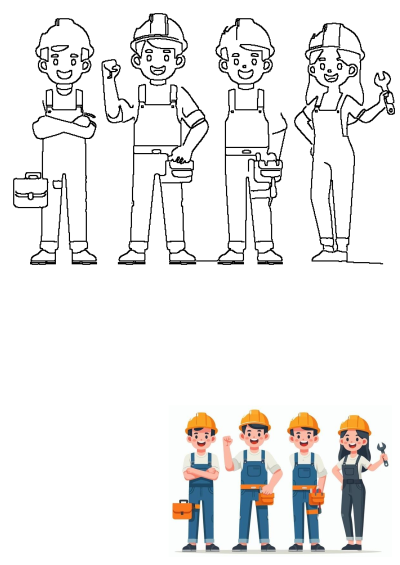 A happy and diverse team of construction workers (male and female) in hardhats and overalls, ready with tools and a briefcase.