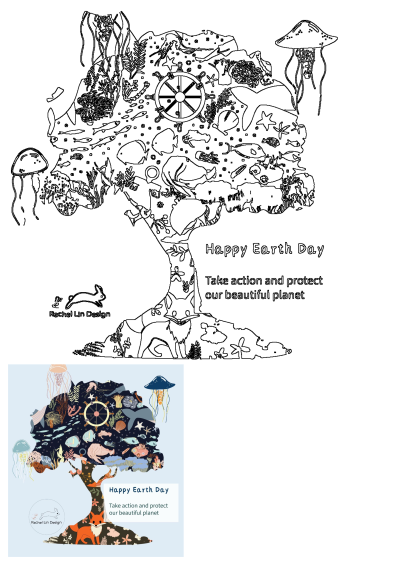 Happy Earth Day illustration of a tree filled with marine life, a fox, and plants, promoting action to protect our beautiful planet.