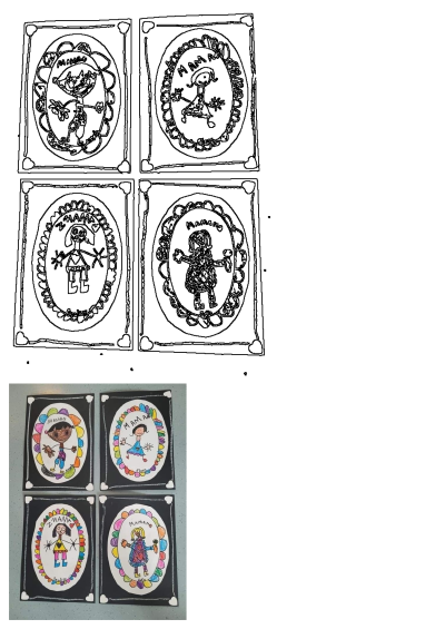 Vibrant children's hand-painted 'Maman' drawings, displayed in colorful oval frames on black paper with white hearts. Outlines also included.