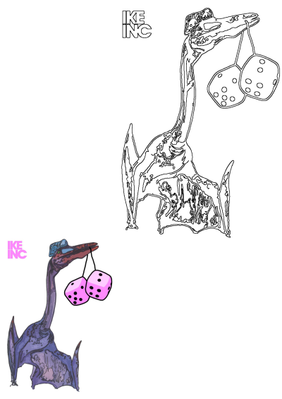 A playful purple dinosaur, a pterodactyl-like creature, clutches two pink dice. Also shows an outline version for varied use.