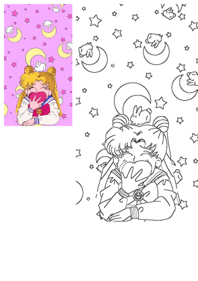Cute Sailor Moon anime featuring Usagi Tsukino holding a pink heart, with a charming background of crescent moons, stars, and rabbits.