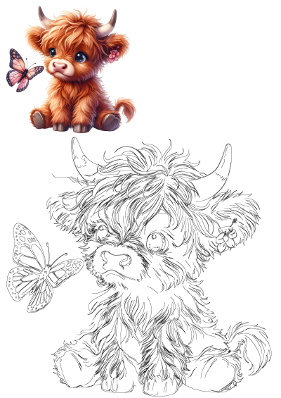 An adorable, fluffy Highland cow calf, with a pink butterfly and a flower behind its ear, rendered in color and as line art.