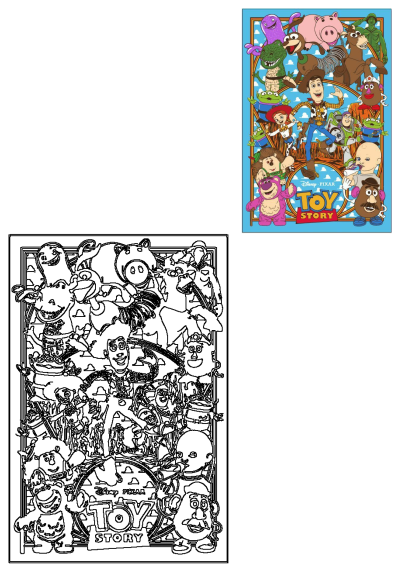 Vibrant Toy Story cartoon character poster featuring diverse toy characters including Woody, Buzz, Jessie, Hamm, and Mr. Potato Head.