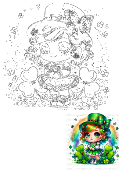 Outline of a cute St. Patrick's Day cheerleader girl wearing a leprechaun hat, surrounded by shamrocks, ready for coloring.