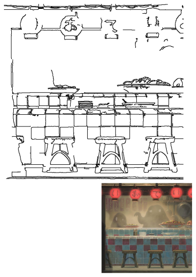 Black and white outline drawing of the iconic Spirited Away food stall scene, featuring a counter, stools, plates of food, and lanterns.
