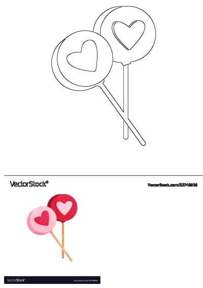 Outline drawing of two heart-shaped lollipops, ideal for Valentine's Day treats. Includes a small colored reference image.