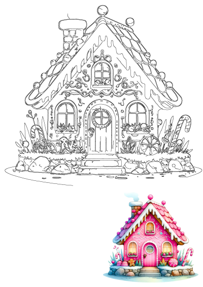 Two versions of a charming gingerbread house: a detailed black outline ready for coloring and a delightful pink illustration adorned with candies.