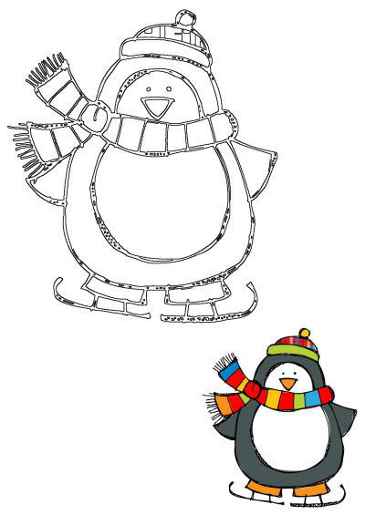 Cheerful cartoon penguin outline wearing a winter hat, scarf, and ice skates, with a small colored example.