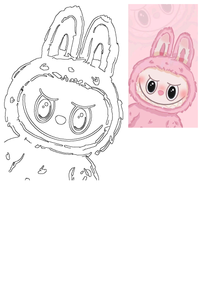 Cute pink bunny illustration with a mischievous smile, big eyes, and rosy cheeks. Features line art outline. Excellent cartoon wallpaper.