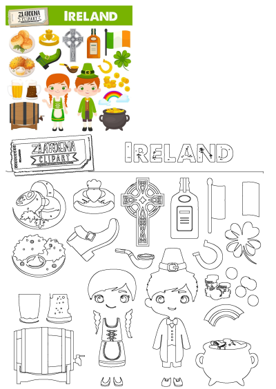 Colorful St. Patrick's Day Irish icons clipart: leprechaun, shamrock, pot of gold, Celtic cross, traditional food and drink.