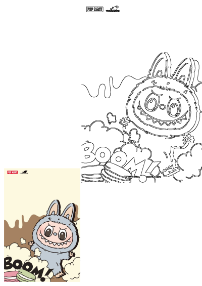 Pop Mart The Monsters Labubu, a blue monster character, smiling excitedly with macarons and 'Boom!' text. Features colorful art and a black outline.