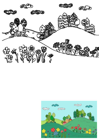 Colorful flower hill landscape drawing showing vibrant blossoms, green hills, various trees, and charming houses under blue sky.