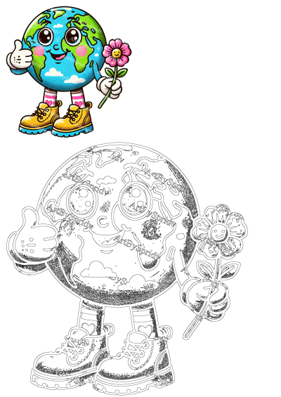 A vibrant, cute Earth cartoon character gives a thumbs-up and holds a smiling pink flower, adorned with striped socks and yellow boots.