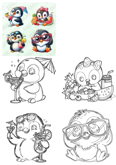 Cute cartoon penguins enjoying summer fun with tropical drinks and stylish glasses. Features both vibrant colored and outline illustrations.