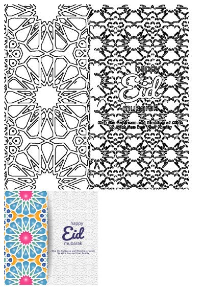 Vibrant Eid Mubarak greeting card featuring colorful Islamic geometric patterns, with 'Happy Eid Mubarak' and a blessing message.