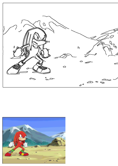 Knuckles the Echidna in front of mountains. This outline drawing shows Knuckles ready for action amidst a rugged mountain landscape.