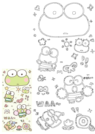 A collection of cute Sanrio Keroppi character cartoon illustrations featuring Keroppi in various poses, stars, and hearts.