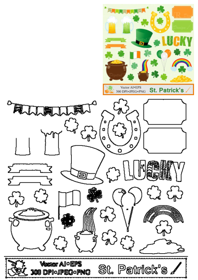 St. Patrick's Day vector clipart and outline set. Features shamrocks, leprechaun hat, pot of gold, rainbow, balloons, and lucky text.
