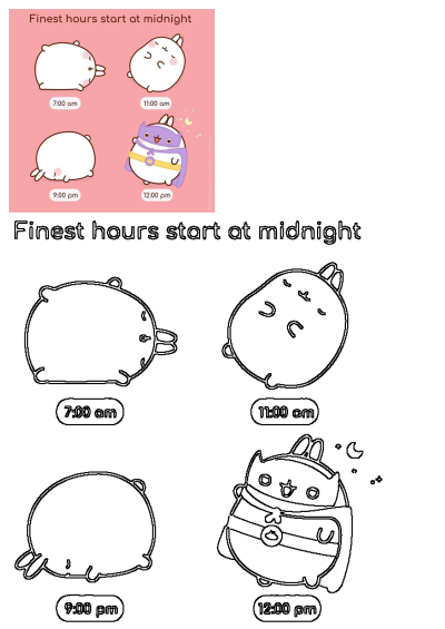 Cute cat illustration on a pink background showing characters at 7 AM, 11 AM, 9 PM, and a superhero at midnight.