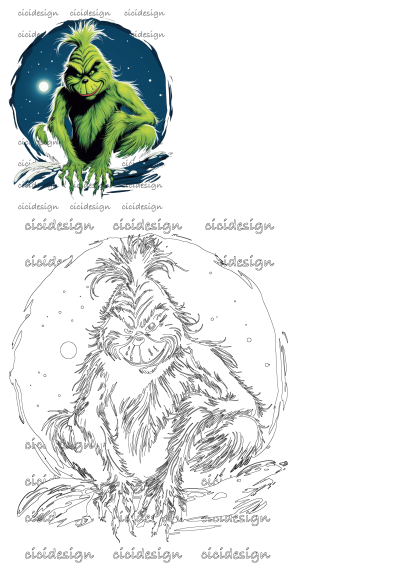 A mischievous Grinch cartoon character with a wide grin, set against a dark blue, moonlit night sky with stars.