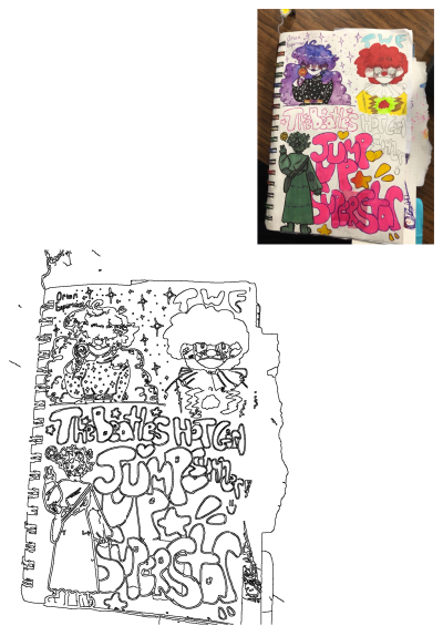 Vibrant art journal page featuring hand-drawn cartoon characters, a crying clown, a Lady Liberty figure, and bold text like 'Superstar'.