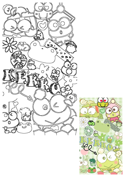 An outline illustration of cute Keroro frogs, various characters, flowers, and 'KERORO' text, perfect for coloring with a pastel green theme in mind.