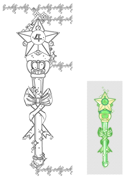 Line art of a magical green star wand. Features ribbons, a detailed crown, and the number four at its center.