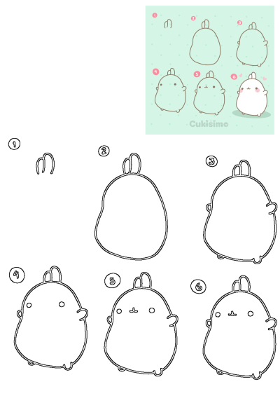 Learn how to draw Molang, the cute bunny, with this easy 6-step tutorial. Follow the simple lines to create your own kawaii character.