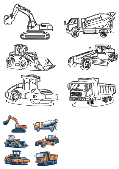 A set of six construction vehicle clipart, featuring outlines and colored versions: excavator, mixer truck, loader, grader, roller, and dump truck.
