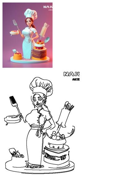 A charming cartoon woman chef in a white uniform holding a cake slice, surrounded by delicious cakes, baking utensils, and kitchen tools.